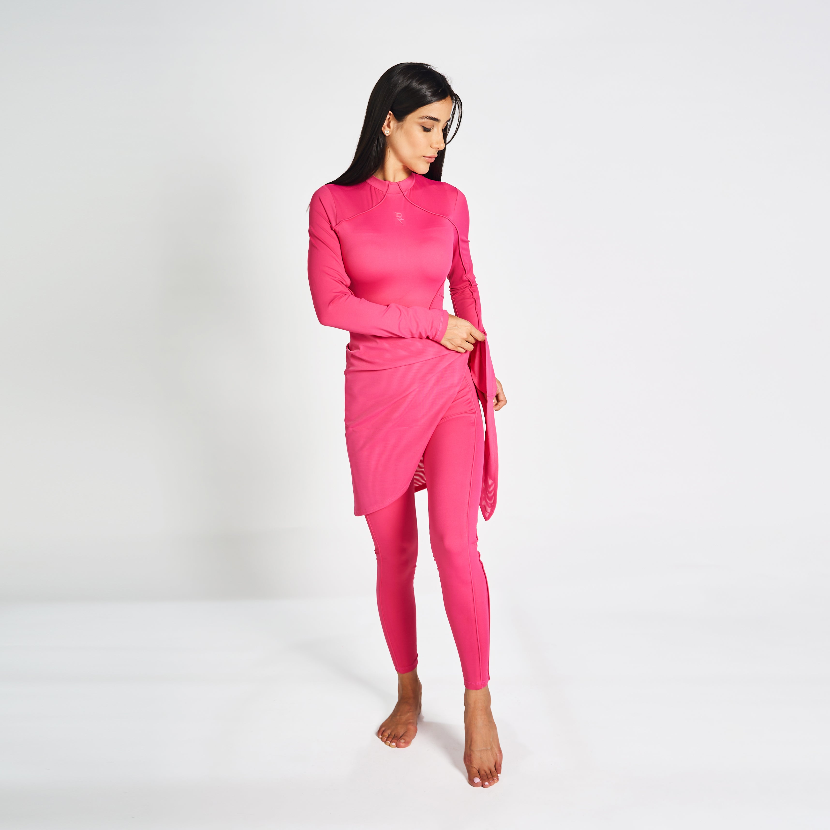 Full Body Swimsuit With Waist Scarf - Magenta