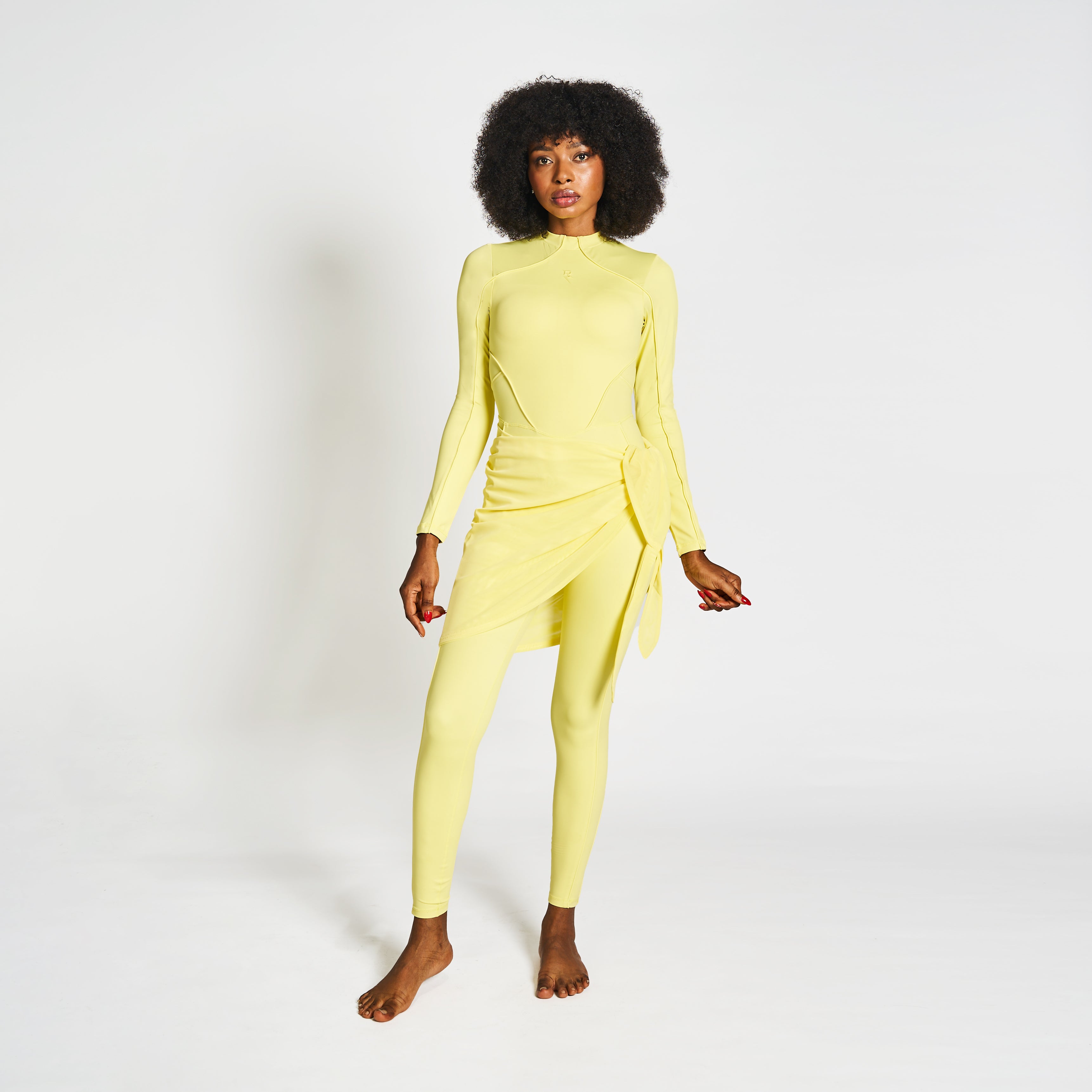 Full Body Swimsuit With Waist Scarf - Canary Yellow
